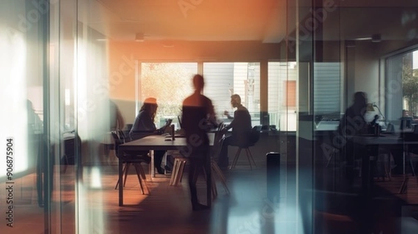 Fototapeta A group of people are sitting at a table in a conference room
