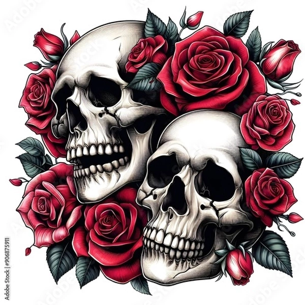 Fototapeta Two Skulls with Red Roses