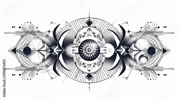 Fototapeta tattoo art line, illustrated in illustrator, perfect generation without design errors, pure white and clean background, A geometric and realistic style tattoo, featuring a combination of mythological.