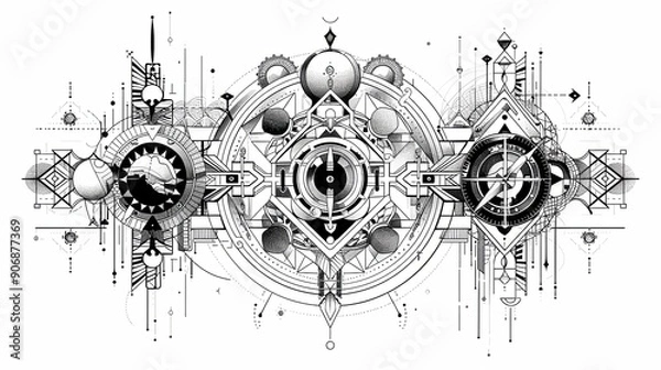 Fototapeta Tattoo art line, illustrated in Illustrator, perfect generation without design errors, pure white and clean background. A geometric and realistic style tattoo, featuring a combination of mythological.