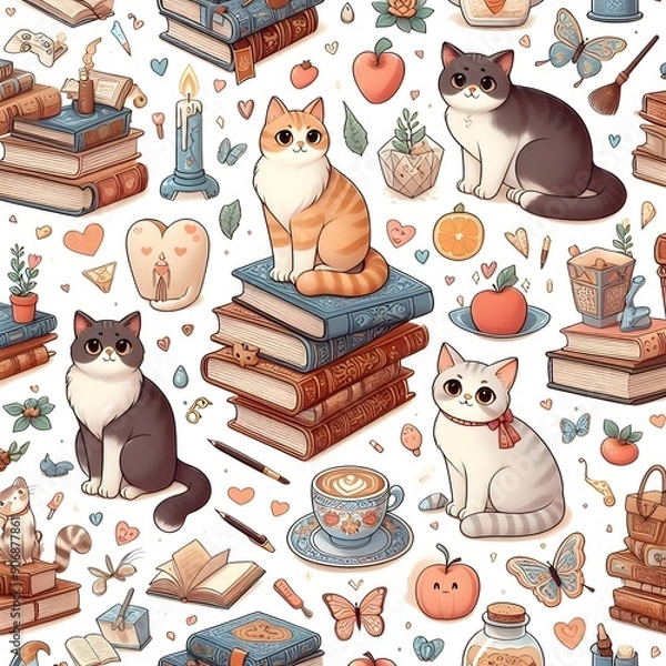 Fototapeta Whimsical Cat and Book Pattern