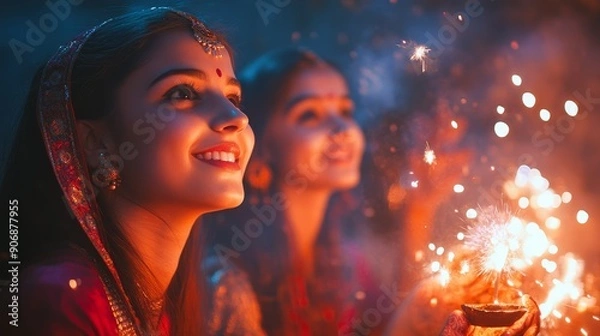 Fototapeta Embracing Diwali Festivities: Friends Celebrating with Fireworks in Close-Up Shot Amidst Joy and Energy, Ideal for Lively Celebrations with Text Space