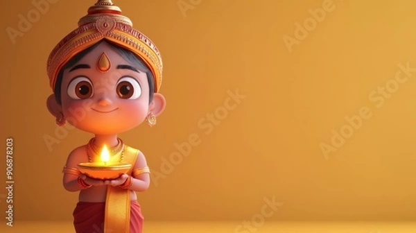 Fototapeta Vibrant Diwali Celebration with 3D Character in Indian Attire and Diya on Festive Background with Copy Space for Text.
