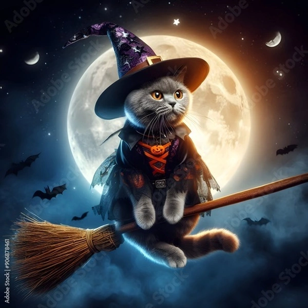 Fototapeta Witch Cat Flying on a Broom Under the Full Moon