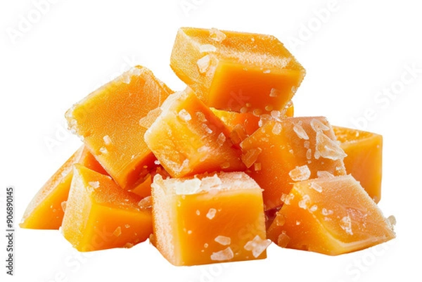 Fototapeta Close-up of a stack of golden salted caramel cubes, with a sprinkle of coarse sea salt on top, isolated on a white background.
