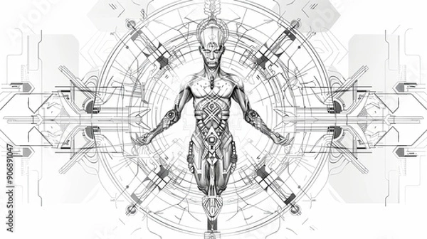Fototapeta tattoo art line, illustrated in illustrator, perfect generation without design errors, pure white and clean background, A geometric and realistic style tattoo, featuring a combination of mythological.