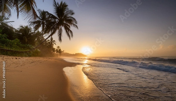 Fototapeta A serene beach with palm trees and gentle waves rolling in, beautiful sunset time; perfect seascape for travel concept