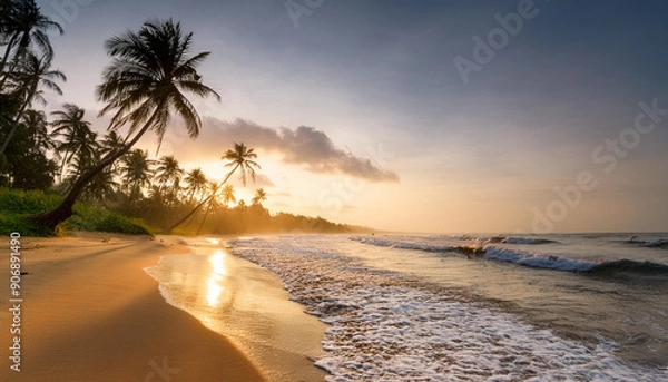 Fototapeta A serene beach with palm trees and gentle waves rolling in, beautiful sunset time; perfect seascape for travel concept