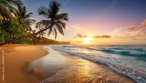 Fototapeta A serene beach with palm trees and gentle waves rolling in, beautiful sunset time; perfect seascape for travel concept