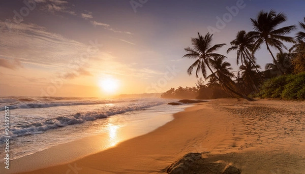 Fototapeta A serene beach with palm trees and gentle waves rolling in, beautiful sunset time; perfect seascape for travel concept