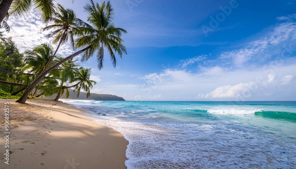 Fototapeta A serene beach with palm trees and gentle waves rolling in, beautiful blue sky and cloud; perfect seascape for travel concept