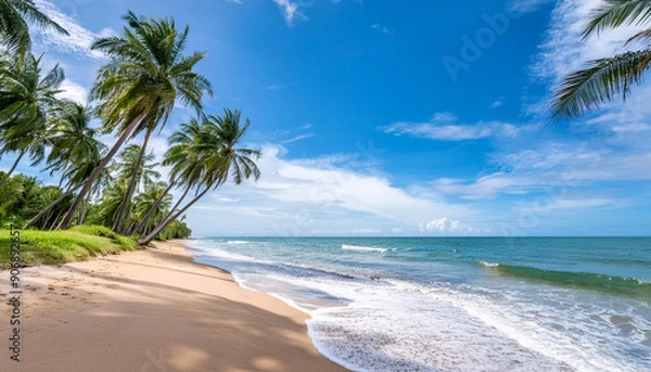 Fototapeta A serene beach with palm trees and gentle waves rolling in, beautiful blue sky and cloud; perfect seascape for travel concept