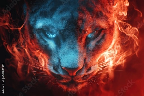 Fototapeta A Close-Up Portrait of a Feline with Fiery Embers Surrounding It