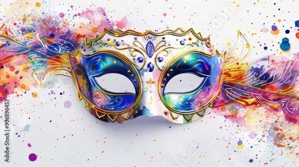Fototapeta Colorful Carnival Mask with Watercolor Splatter.