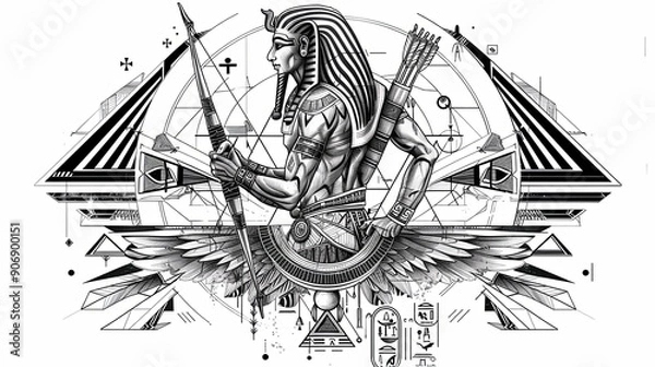 Fototapeta Tattoo art line, illustrated in Illustrator, perfect generation without design errors, pure white and clean background. A geometric and realistic style tattoo, featuring a combination