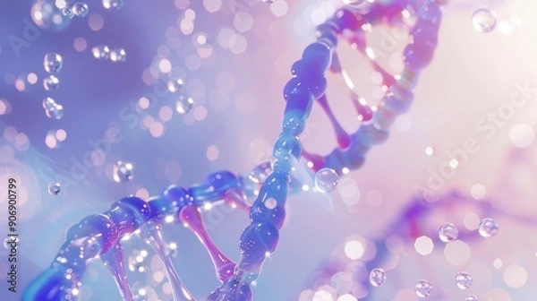 Fototapeta Abstract with a DNA double helix in a sparkling blue and purple color palette, against a soft blurred backdrop of volumetric lighting that creates a dreamy atmosphere.