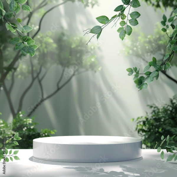 Fototapeta White Pedestal Display Surrounded by Lush Greenery in a Forest Setting