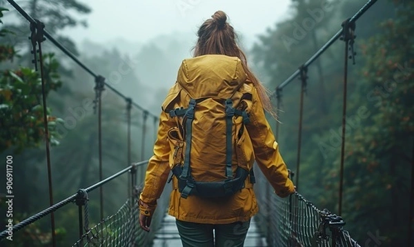 Fototapeta An adventurous girl walks on a bridge in the forest, representing nature, lifestyle, and the Caucasian people.