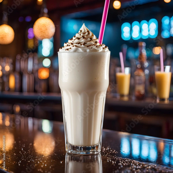 Fototapeta milkshake with whipped cream in a glass on the bar counter