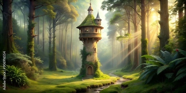 Fototapeta Enchanted Rapunzel Tower in Forest Creative AI