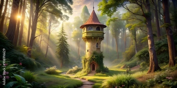 Fototapeta Enchanted Rapunzel Tower in Forest Creative AI
