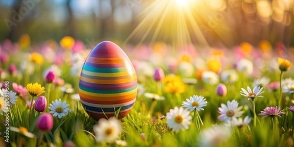 Fototapeta A Colorful Eggs ester floating on the flower field AI-Generated Content