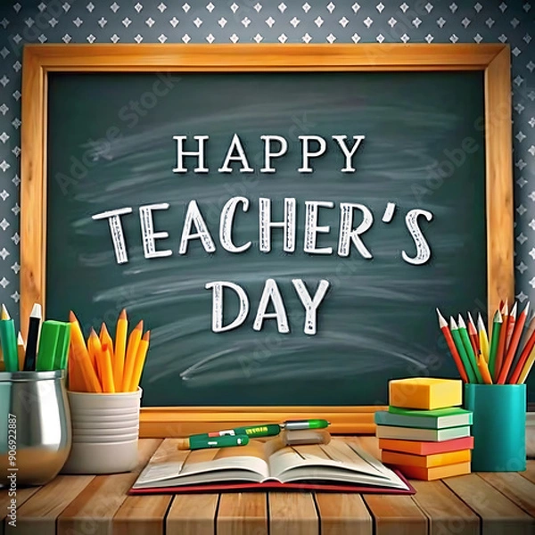 Fototapeta back to school blackboard Teachers day concept with realistic background Back to school on block chalkboard and pile of books
