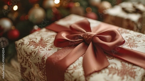 Fototapeta a present wrapped in red ribbon with a christmas tree in the background