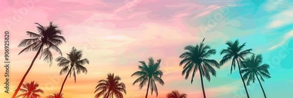 Fototapeta Surreal Sunset Over Tropical Palm Trees with a Dreamlike Gradient Sky - A Captivating Vision of Nature's Artistry.