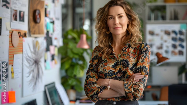 Obraz 44 year old Australian businesswoman wearing stylish, patterned blouse with tailored trousers posing in creative studio with eclectic décor