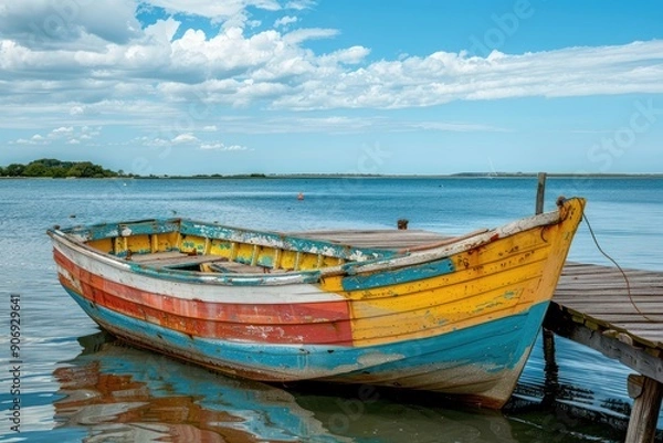 Obraz Colorful small fishing boat docked at calm harbor pier