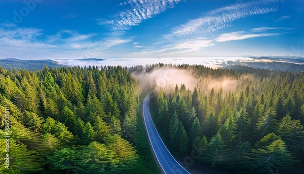 Fototapeta Winding road through dense pine forest, morning mist creating a mystical atmosphere; aerial shot from the drone, top view