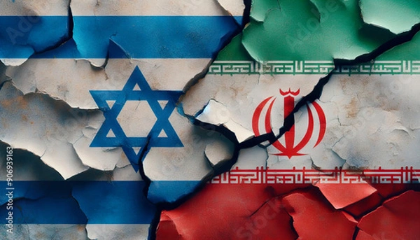 Fototapeta Flags of Israel and Iran on cracked surface. The juxtaposed flags of Israel and Iran appear on a worn and cracked surface, symbolizing geopolitical tensions