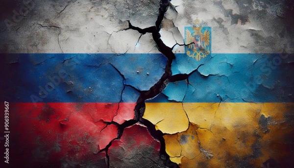 Obraz Flags of russia and ukraine on cracked surface. The juxtaposed flags of Russia and Ukraine appear on a worn and cracked surface, symbolizing geopolitical tensions