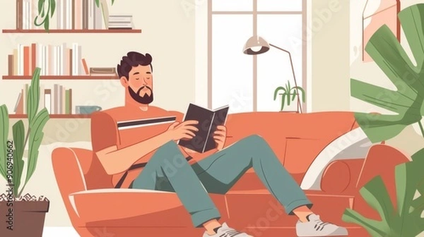 Fototapeta Happy student relaxing at home, sitting comfortably and reading a book
