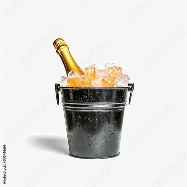 Fototapeta Medium shot of a Champagne bottle in the bucket full with ice, isolated on a white background, 