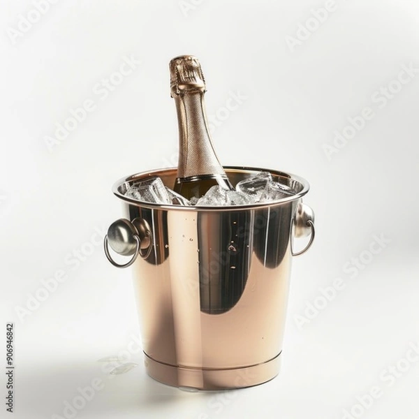 Fototapeta Medium shot of a Champagne bottle in the bucket full with ice, isolated on a white background, 