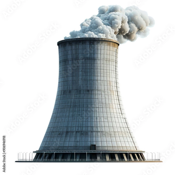 Fototapeta Cooling tower emitting steam in an industrial setting, symbolizing energy production and environmental impact.