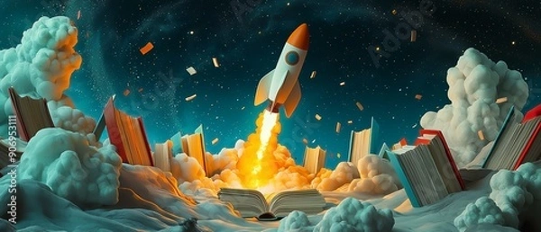 Fototapeta A whimsical scene of a rocket launching from an open book amidst clouds and floating books, symbolizing imagination and adventure in a cosmic setting