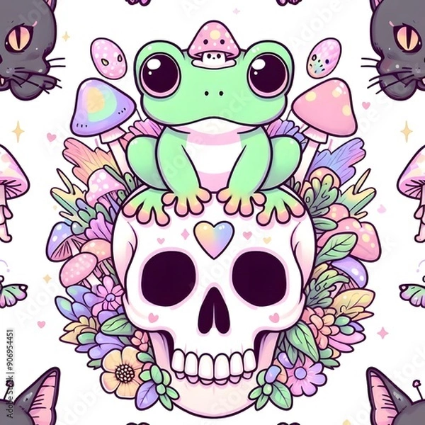 Fototapeta Cute Frog Sitting on a Skull with Flowers and Mushrooms