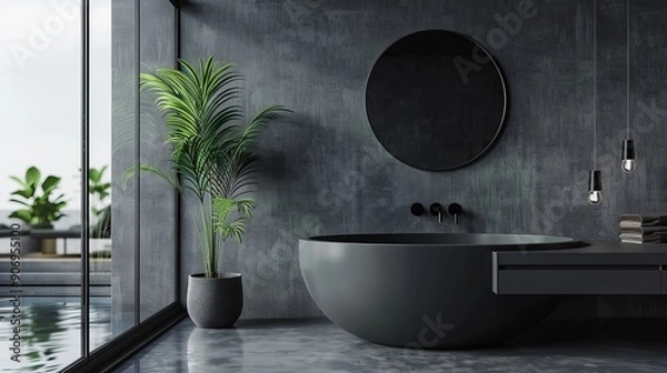 Fototapeta Modern dark bathroom featuring gray walls, a concrete floor, and a stylish basin with a black faucet. Includes a drawer, an oval mirror hanging on the wall, plants, a bathtub