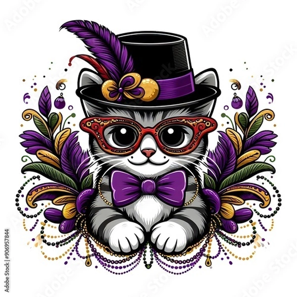 Fototapeta Dapper Cat with Bow Tie and Glasses in Floral Frame
