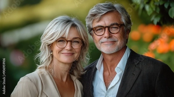 Obraz A couple enjoys a joyful moment together surrounded by colorful flowers