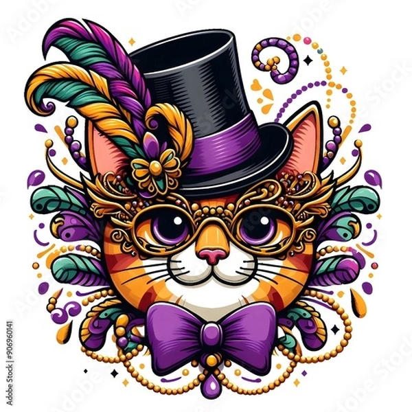 Fototapeta Festive Cat in Top Hat and Mask