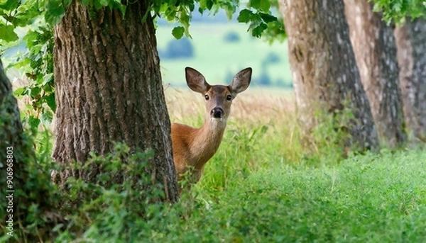 Fototapeta The doe was hiding behind a tree.