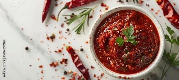 Fototapeta Gochujang with Sesame and Herbs.
Rich and spicy gochujang sauce garnished with sesame seeds and fresh herbs in a white bowl. Perfect for seasoning and adding depth to meals.
