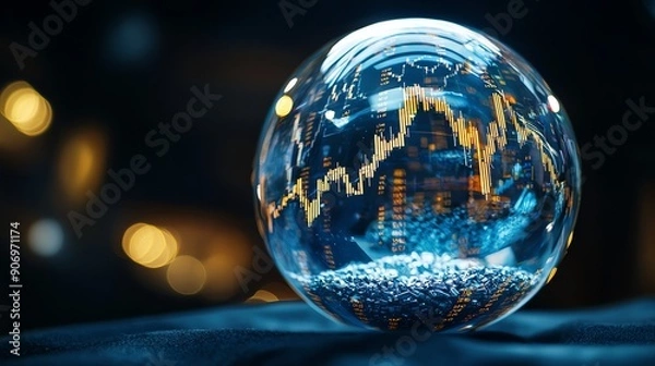 Fototapeta Crystal ball with a financial chart inside, on blue fabric, bokeh background.
