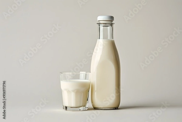 Fototapeta Fresh Milk in a Bottle and Glass on a Minimalist Background