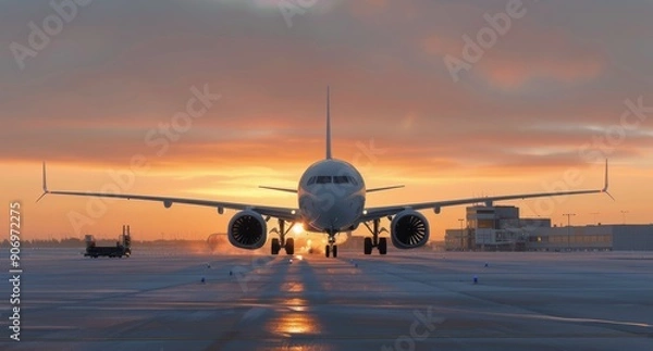 Fototapeta Airplane on Tarmac at Sunrise With Colorful Sky Background