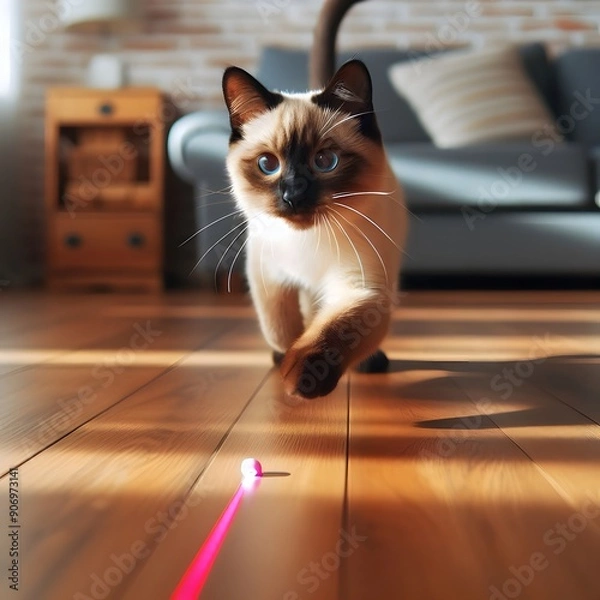 Fototapeta Playful Siamese Cat Chasing Red Laser Pointer on Wooden Floor